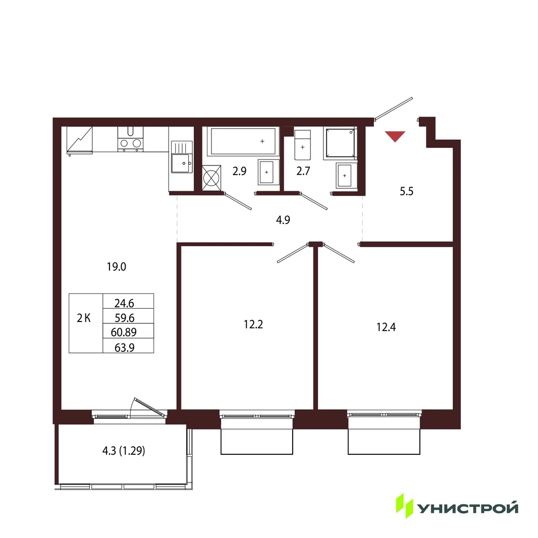 Планировка 2-комн. квартира, 60.89 м² ЖК «Лисино»