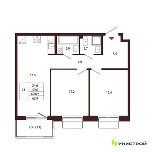 Планировка 2-комн. квартира, 60.89 м² ЖК «Лисино»
