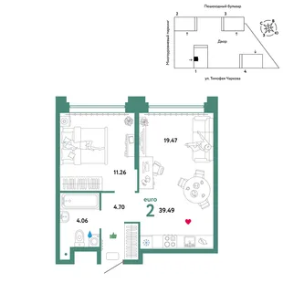 Планировка 2-комн. квартира, 39.49 м² ЖК «Микрорайон Звездный»