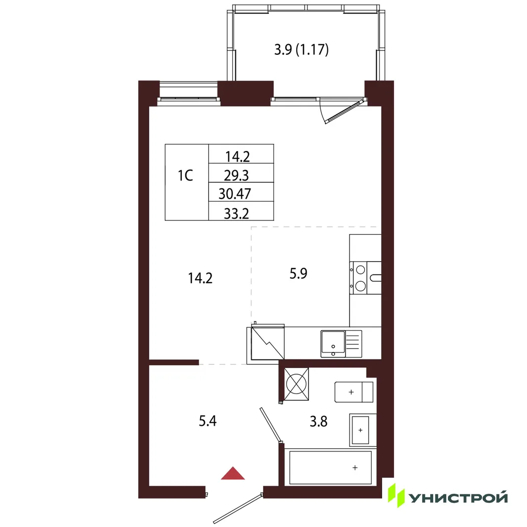 Планировка 1-комн. квартира, 30.47 м² ЖК «Лисино»