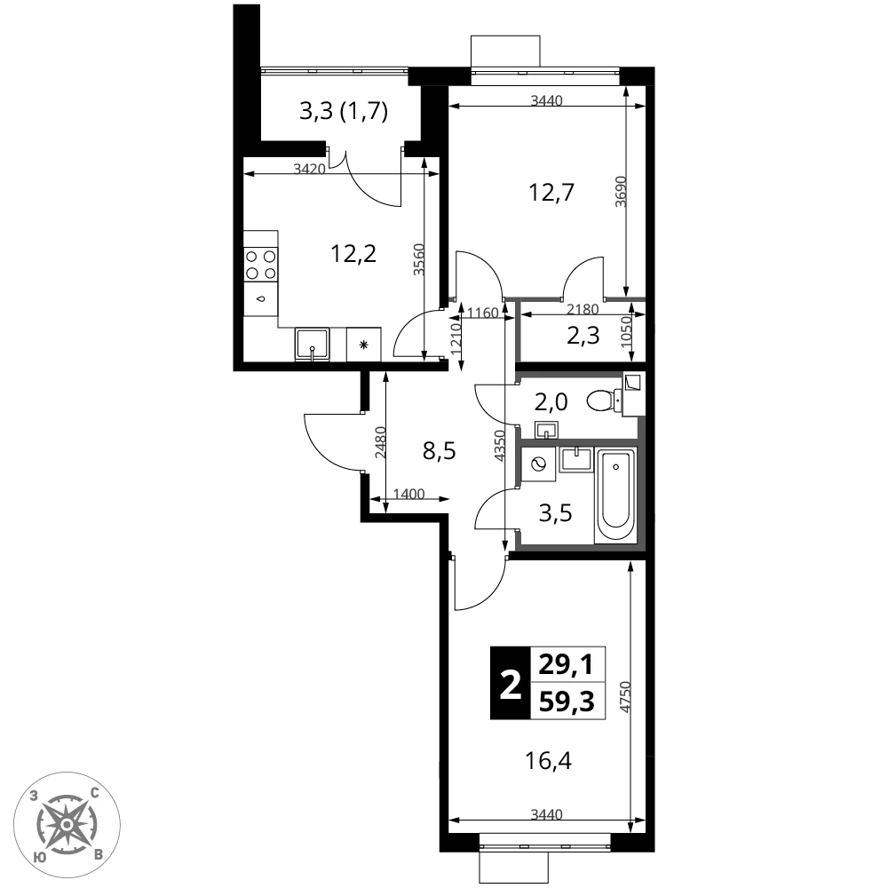 Планировка 2-комн. квартира, 59.3 м² ЖК «1-й Шереметьевский»