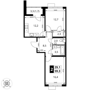 Планировка 2-комн. квартира, 59.3 м² ЖК «1-й Шереметьевский»