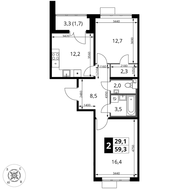 Планировка 2-комн. квартира, 59.3 м² ЖК «1-й Шереметьевский» Планировка 2-комн. квартира, 59.3 м² ЖК «1-й Шереметьевский»