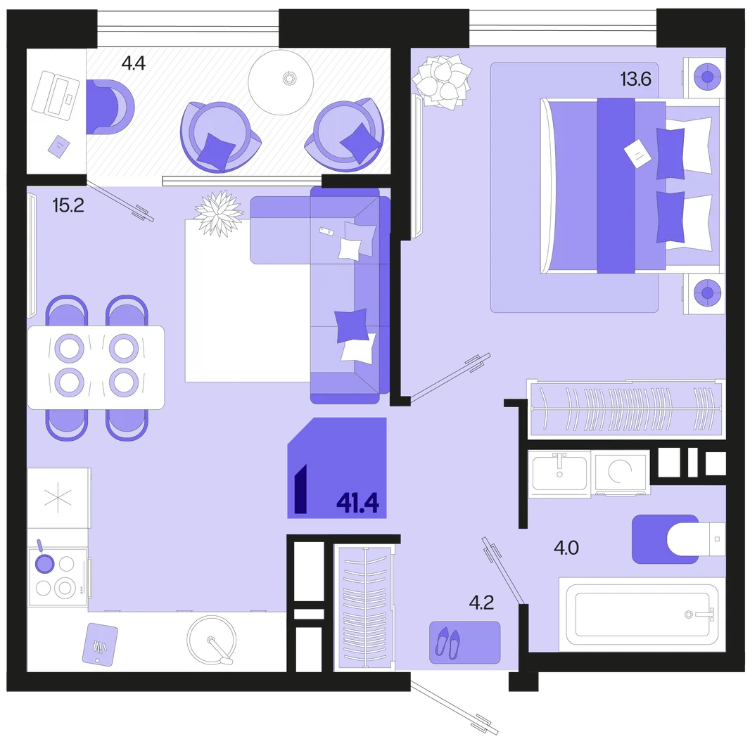 Планировка 1-комн. квартира, 41.4 м² ЖК «Первое место»