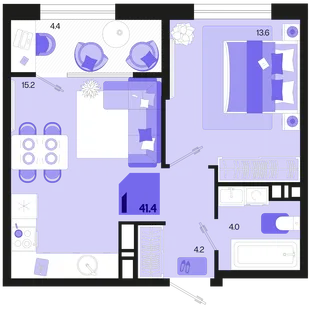 Планировка 1-комн. квартира, 41.4 м² ЖК «Первое место»