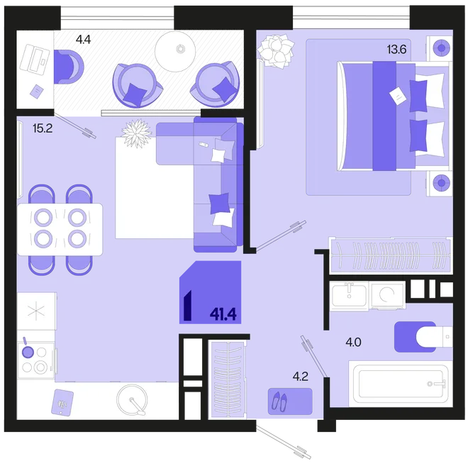 Планировка 1-комн. квартира, 41.4 м² ЖК «Первое место» Планировка 1-комн. квартира, 41.4 м² ЖК «Первое место»