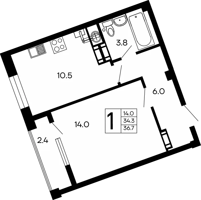 Планировка 1-комн. квартира, 36.7 м² ЖК «Семейный»