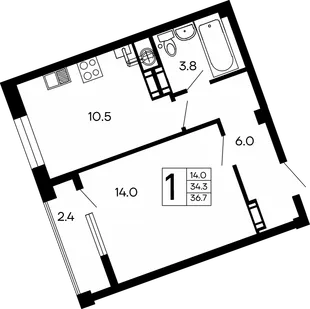 Планировка 1-комн. квартира, 36.7 м² ЖК «Семейный»