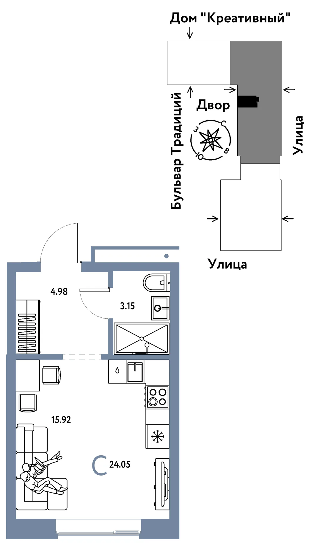 Планировка Студия, 24.05 м² ЖК «Микрорайон Домашний»