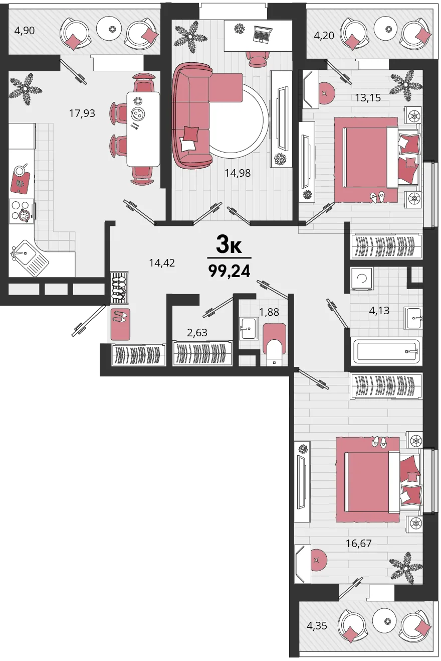 Планировка 3-комн. квартира, 99.24 м² ЖК «Родные просторы»