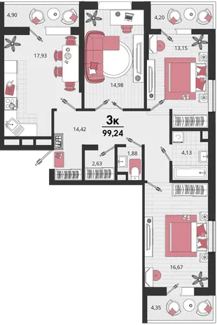 Планировка 3-комн. квартира, 99.24 м² ЖК «Родные просторы»