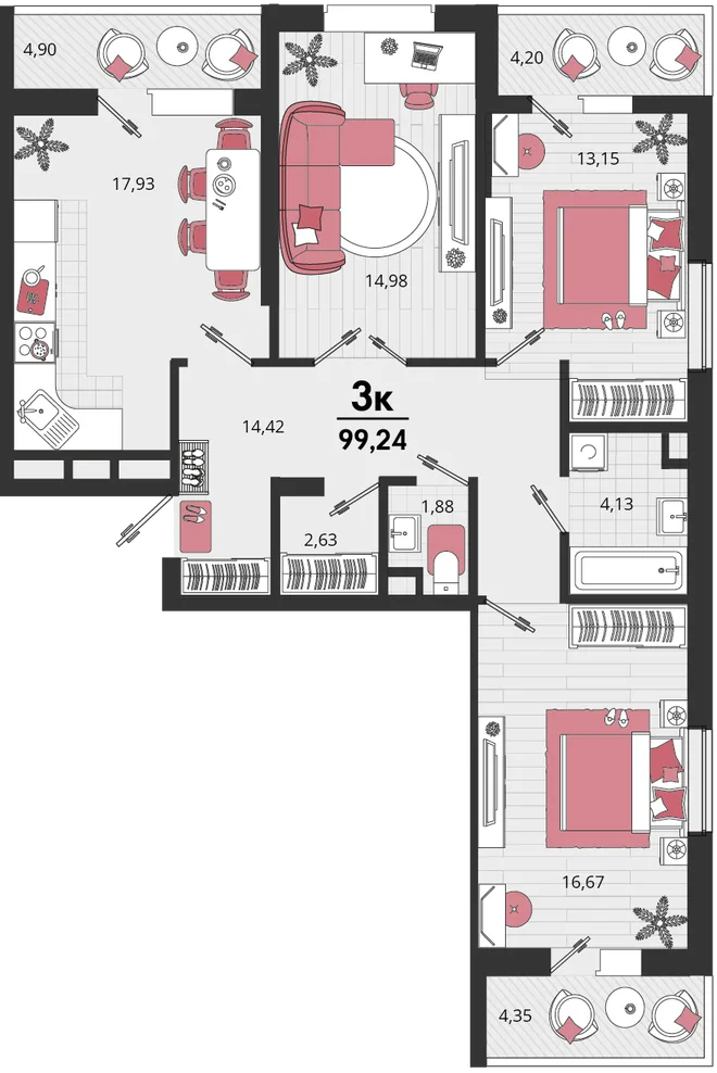 Планировка 3-комн. квартира, 96.7 м² ЖК «Родные просторы» Планировка 3-комн. квартира, 96.7 м² ЖК «Родные просторы»