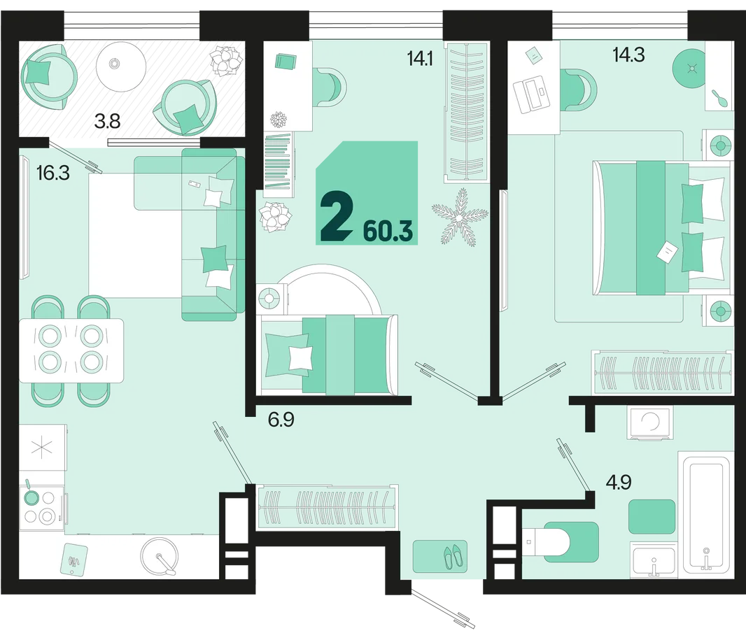 Планировка 2-комн. квартира, 60.3 м² ЖК «Первое место»