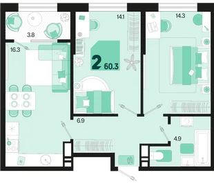 Планировка 2-комн. квартира, 60.3 м² ЖК «Первое место»