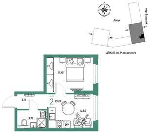 Планировка 2-комн. квартира, 29.2 м² ЖК «Сибирский сад»