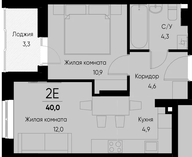 Планировка 2-комн. квартира, 40.3 м² ЖК «Васильевский остров»