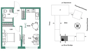 Планировка 2-комн. квартира, 38.6 м² ЖК «Сердце Сибири»
