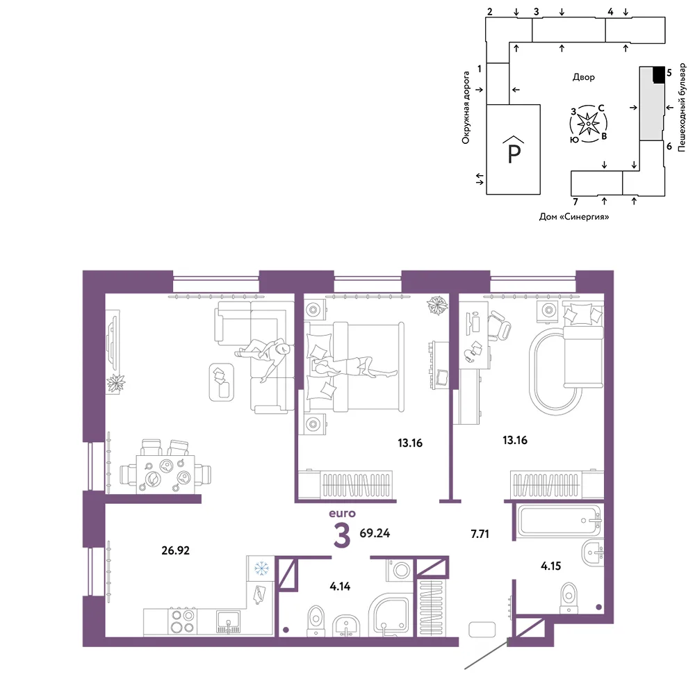 Планировка 3-комн. квартира, 69.24 м² ЖК «Юнион»