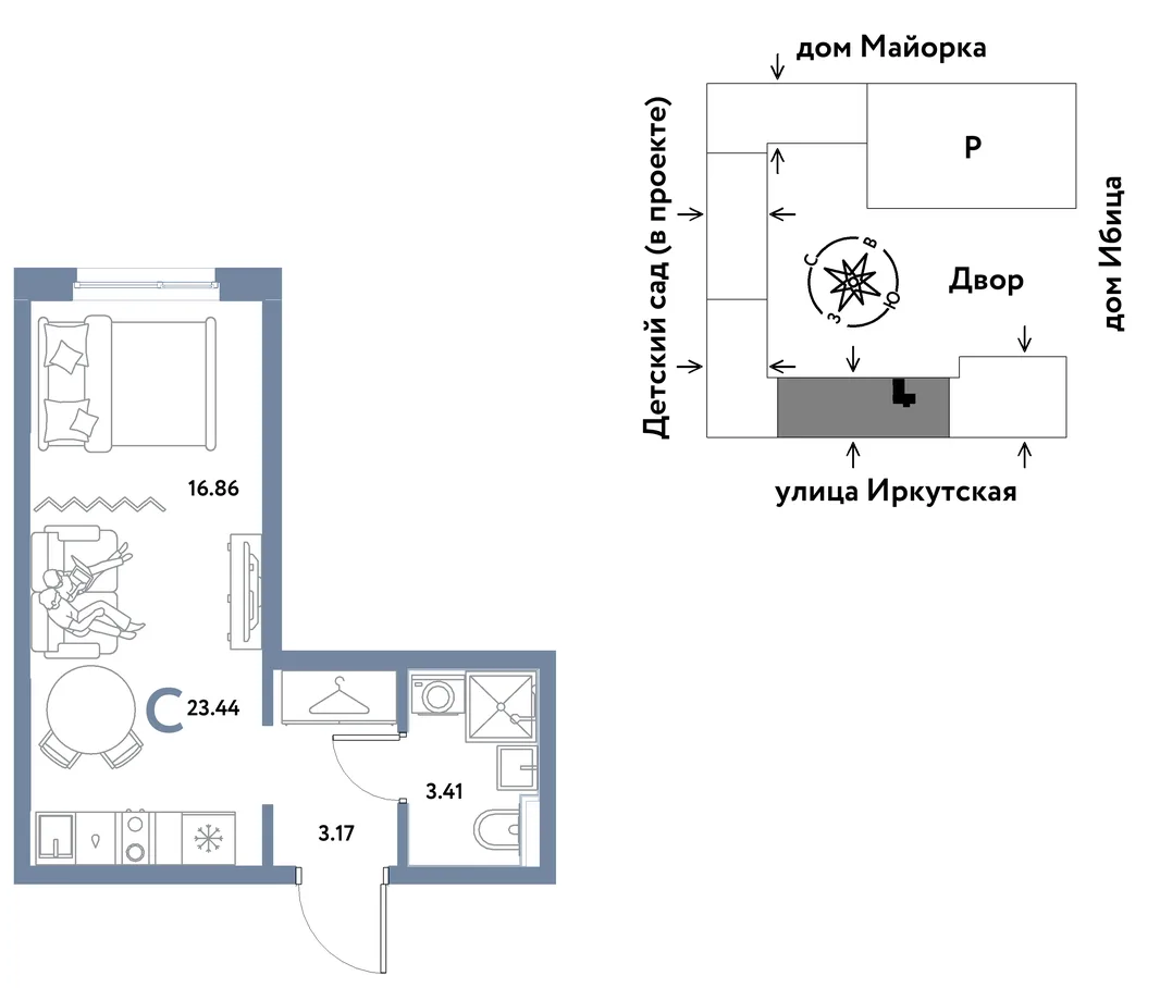 Планировка Студия, 23.44 м² ЖК «Остров-сад»