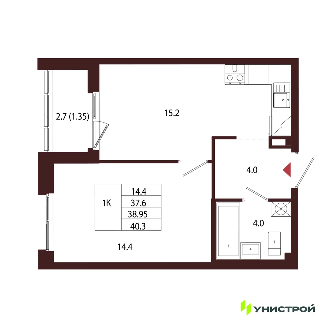 Планировка 1-комн. квартира, 38.95 м² ЖК «Лисино»
