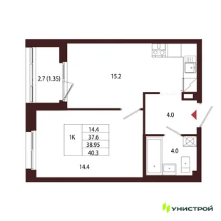 Планировка 1-комн. квартира, 38.95 м² ЖК «Лисино»