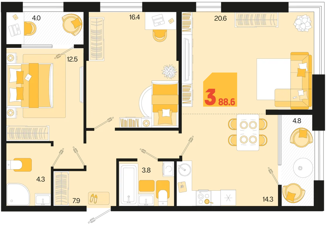 Планировка 3-комн. квартира, 88.6 м² ЖК «Первое место»