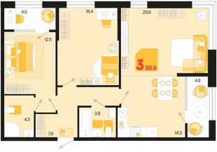 Планировка 3-комн. квартира, 88.6 м² ЖК «Первое место»