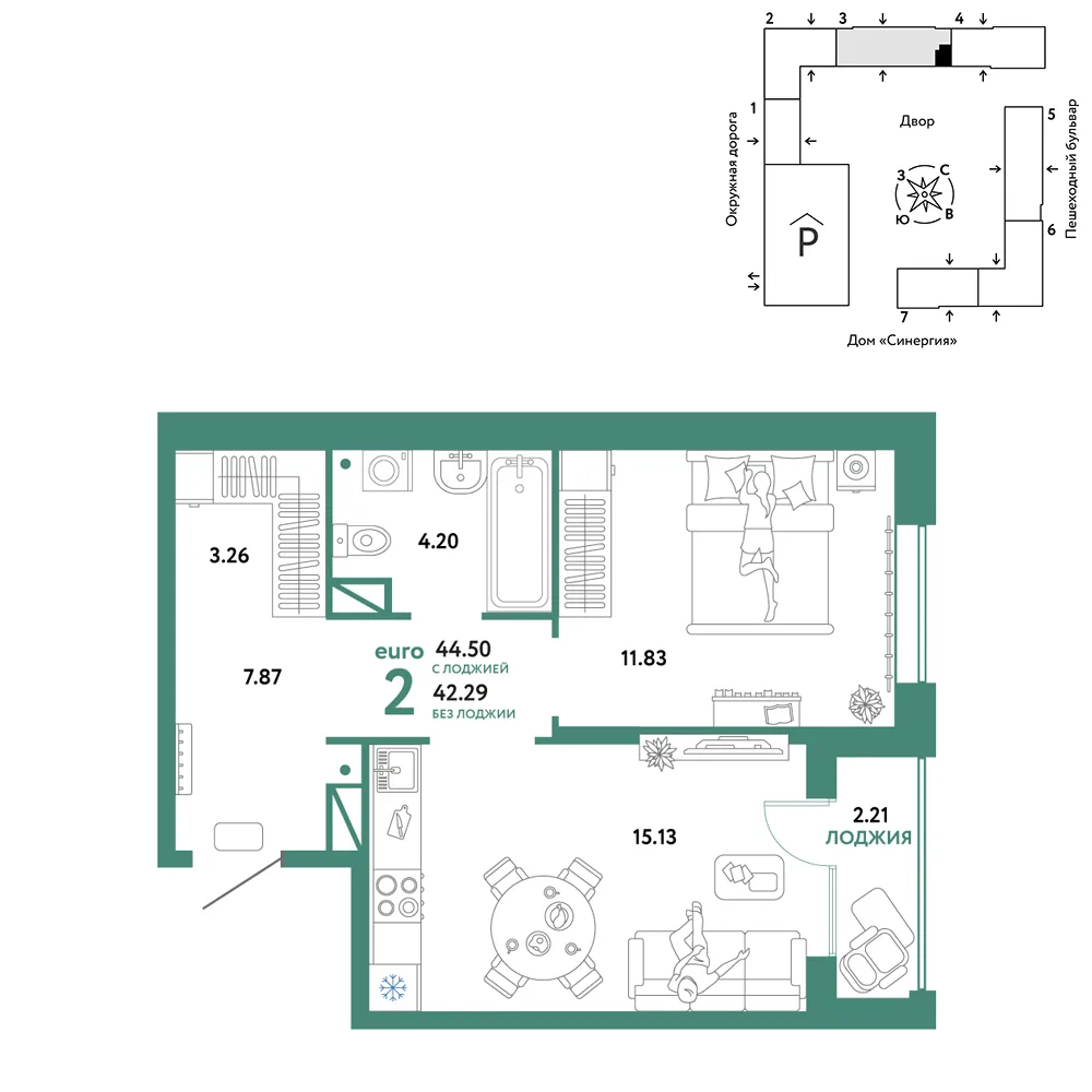 Планировка 1-комн. квартира, 34.69 м² ЖК «Юнион»