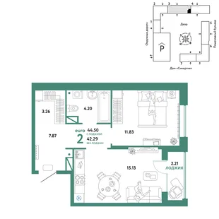 Планировка 1-комн. квартира, 34.69 м² ЖК «Юнион»