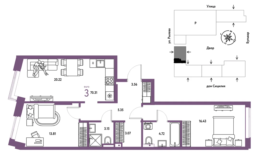 Планировка 3-комн. квартира, 70.31 м² ЖК «Остров-сад»