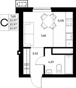 Планировка Студия, 21.79 м² ЖК «Прибрежный дом»