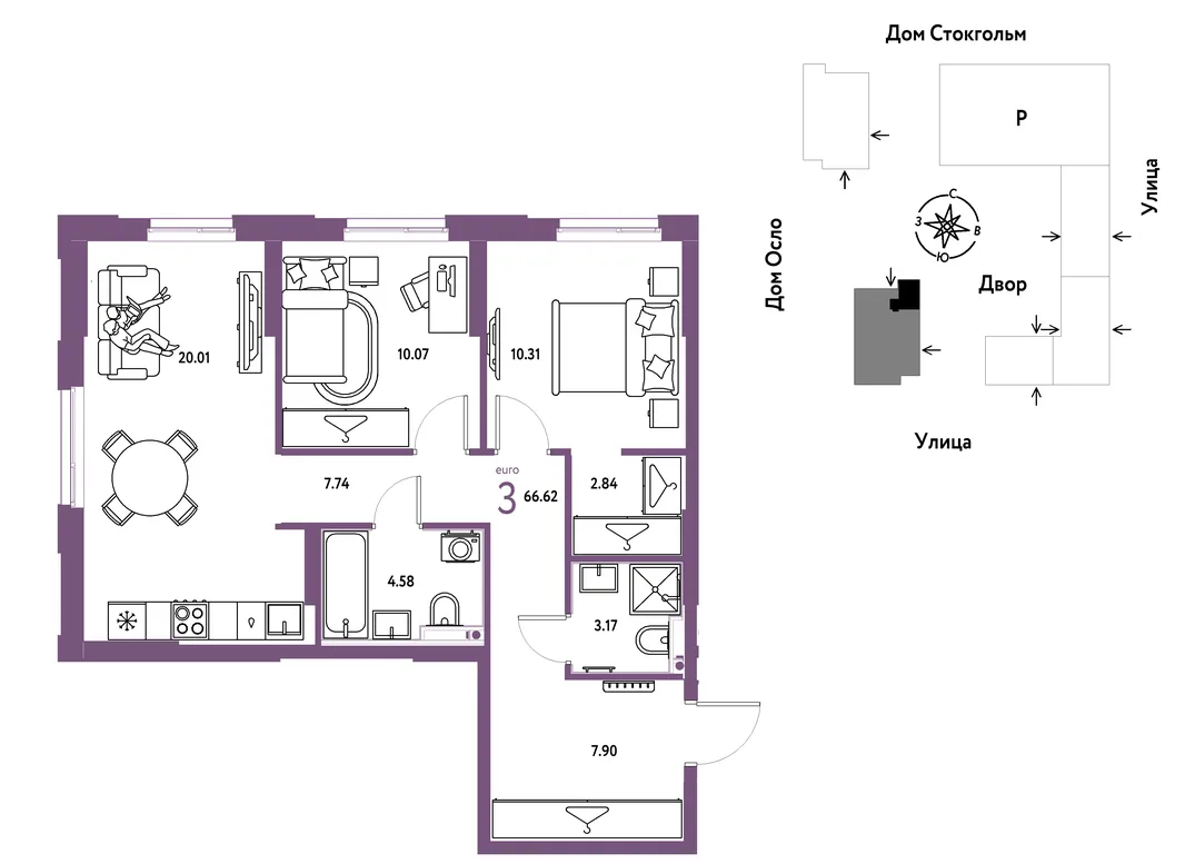 Планировка 3-комн. квартира, 66.62 м² ЖК «Европейский берег 2.0»
