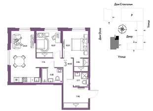 Планировка 3-комн. квартира, 66.62 м² ЖК «Европейский берег 2.0»
