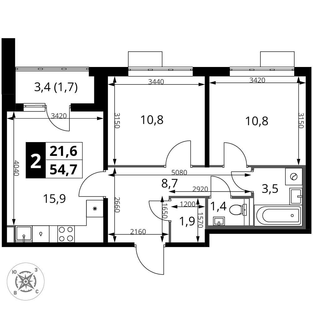 Планировка 2-комн. квартира, 54.7 м² ЖК «1-й Шереметьевский»