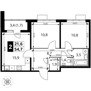 Планировка 2-комн. квартира, 54.7 м² ЖК «1-й Шереметьевский»