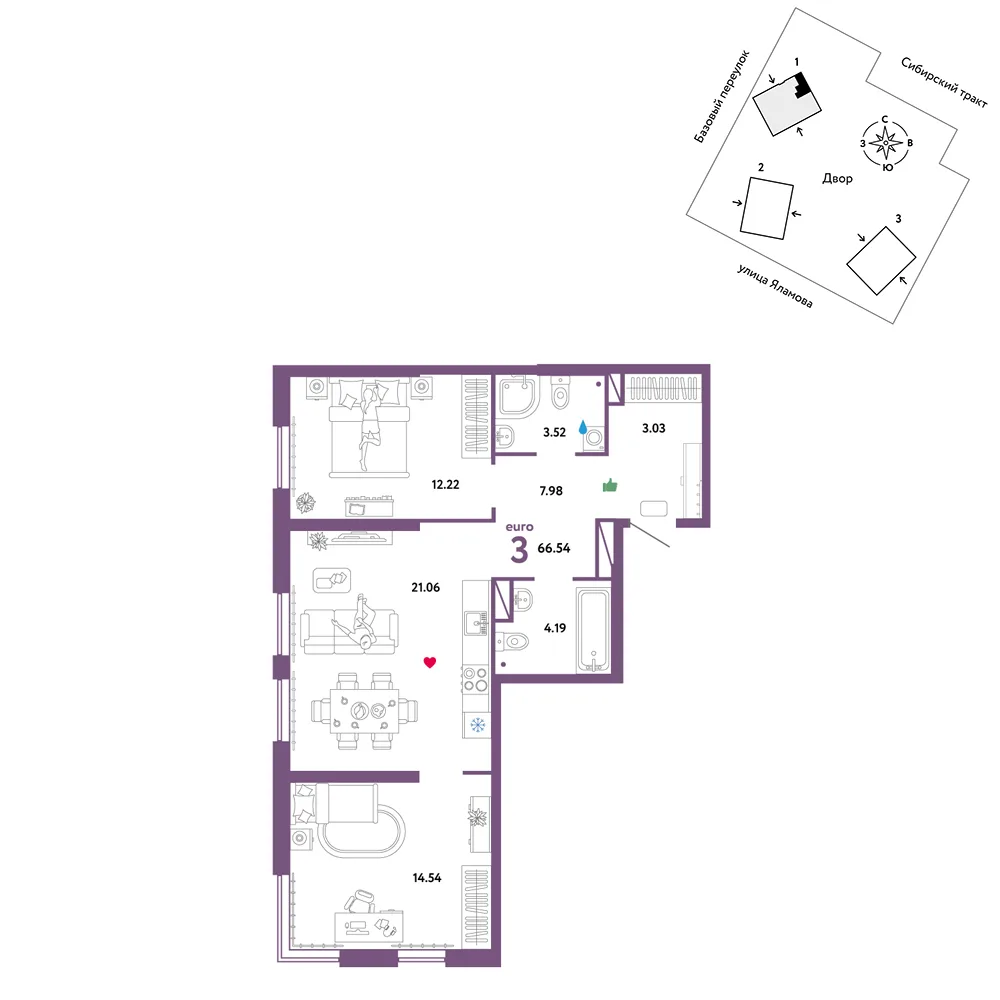 Планировка 3-комн. квартира, 66.54 м² ЖК «Сибирский сад»