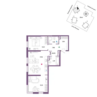 Планировка 3-комн. квартира, 66.54 м² ЖК «Сибирский сад»