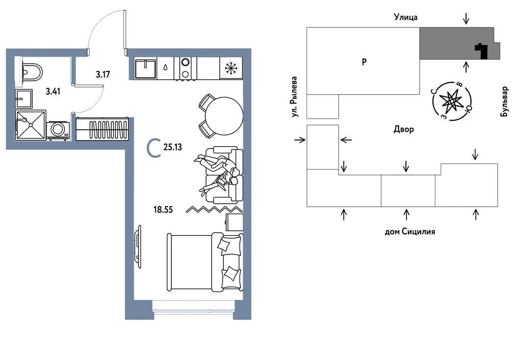 Планировка Студия, 25.13 м² ЖК «Остров-сад»