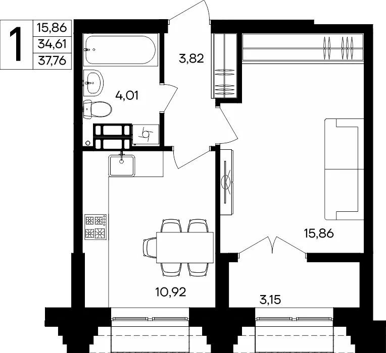 Планировка 1-комн. квартира, 37.76 м² ЖК «Семисчастье»