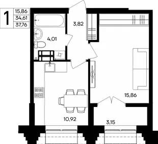Планировка 1-комн. квартира, 37.76 м² ЖК «Семисчастье»