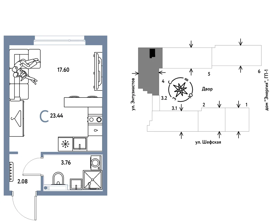 Планировка Студия, 23.44 м² ЖК «Страна.Энтузиастов»