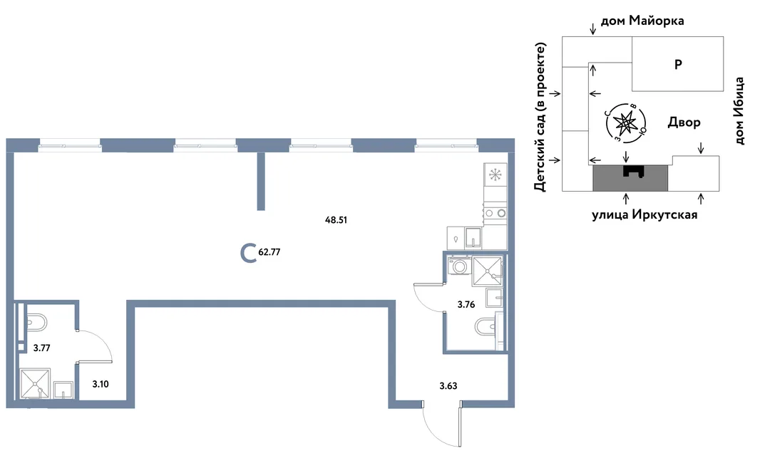 Планировка Студия, 62.77 м² ЖК «Остров-сад»