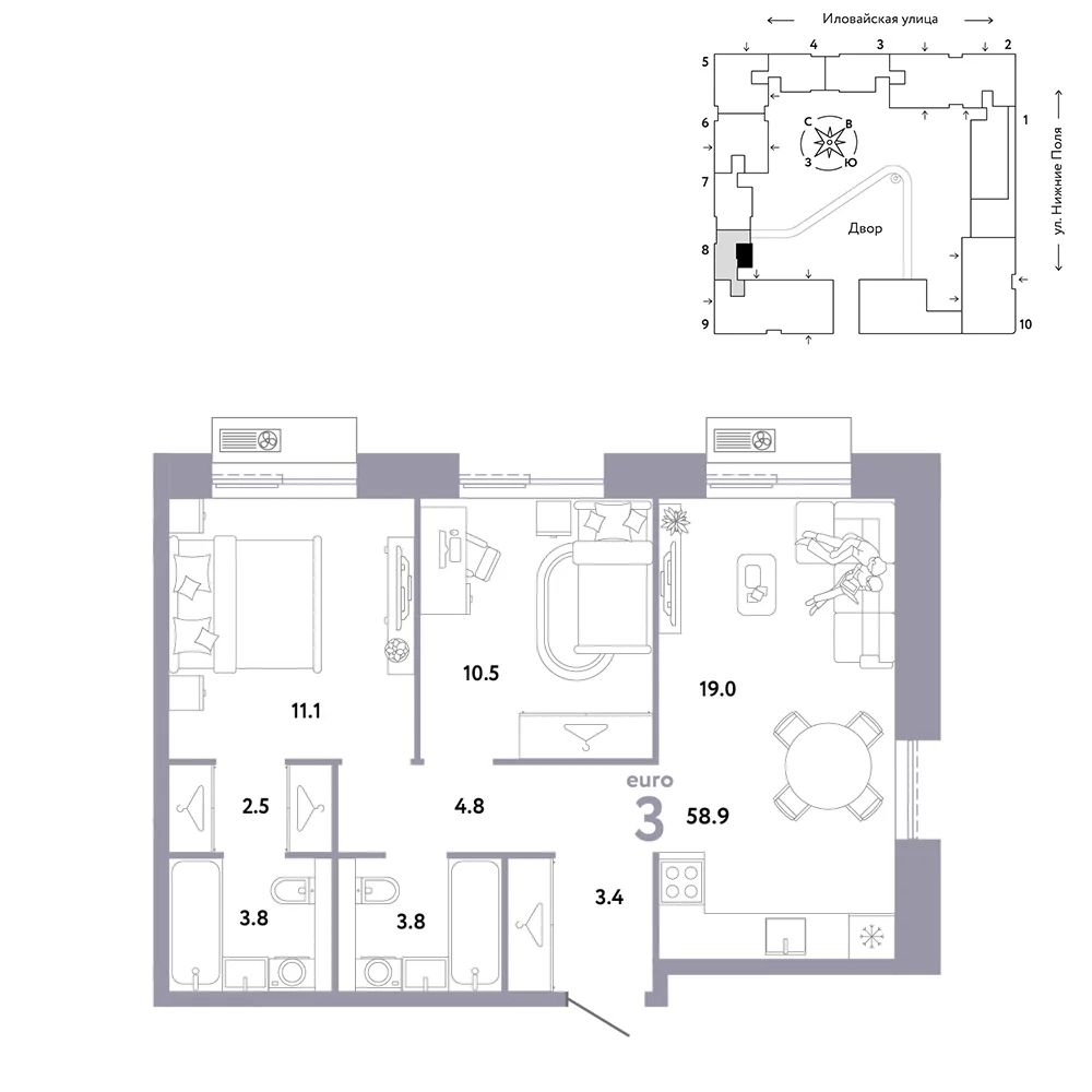 Планировка 3-комн. квартира, 58.9 м² ЖК «Страна.Заречная»