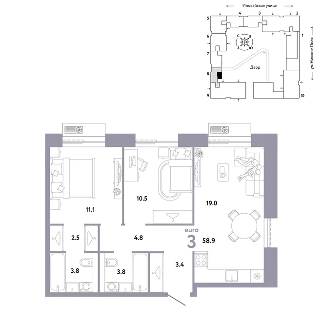 Планировка 3-комн. квартира, 58.9 м² ЖК «Страна.Заречная» Планировка 3-комн. квартира, 58.9 м² ЖК «Страна.Заречная»