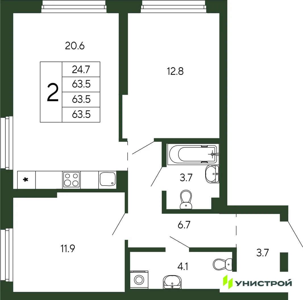 Планировка 2-комн. квартира, 63.5 м² ЖК «Парковый квартал 2.0»