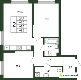 Планировка 2-комн. квартира, 63.5 м² ЖК «Парковый квартал 2.0»