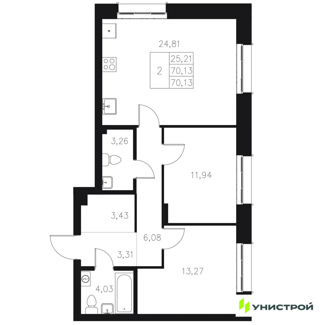 Планировка 2-комн. квартира, 70.13 м² ЖК «Statum»