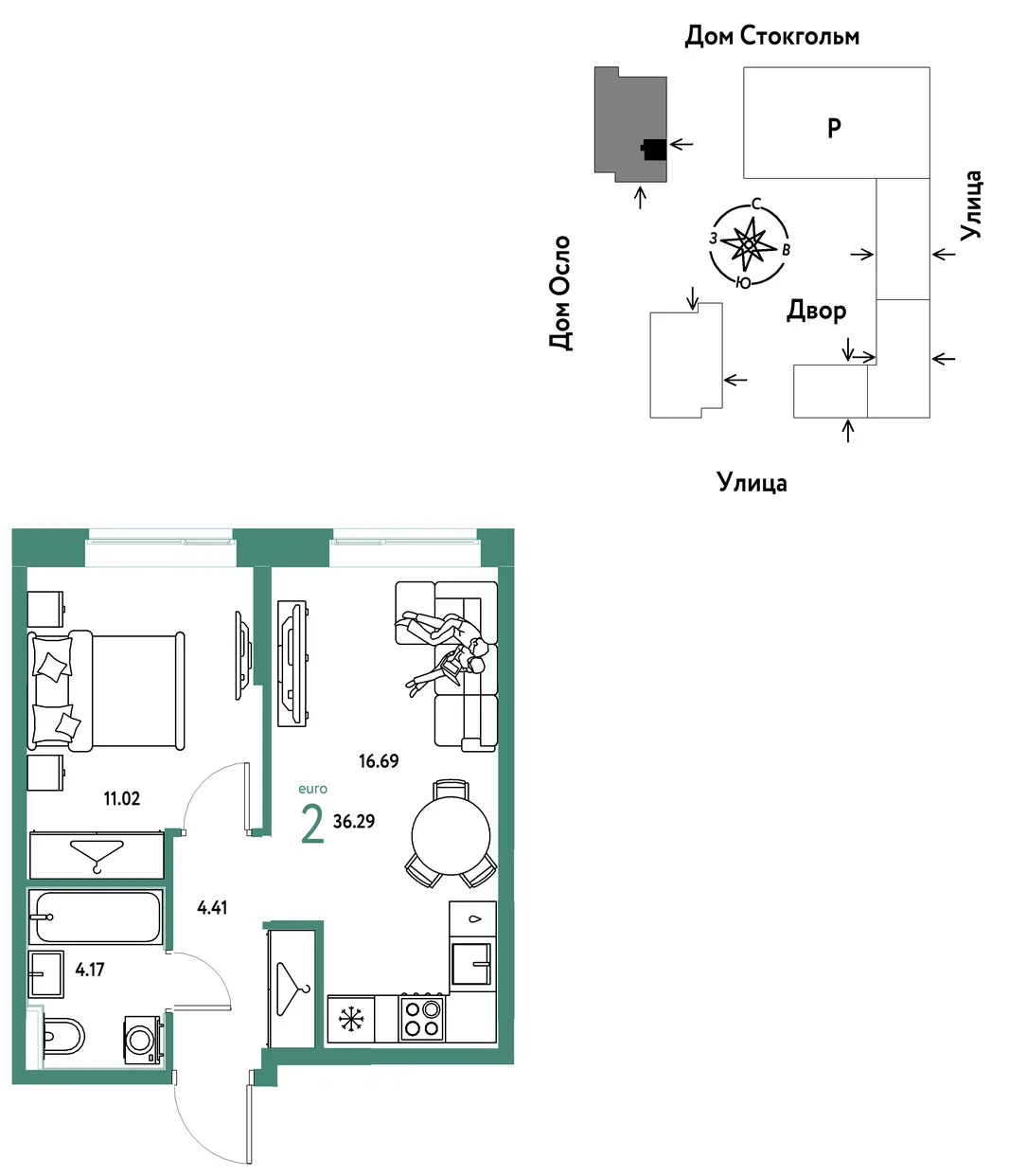 Планировка 2-комн. квартира, 36.29 м² ЖК «Европейский берег 2.0»