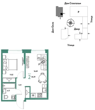 Планировка 2-комн. квартира, 36.29 м² ЖК «Европейский берег 2.0»
