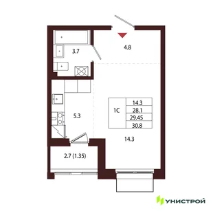 Планировка 1-комн. квартира, 29.45 м² ЖК «Лисино»